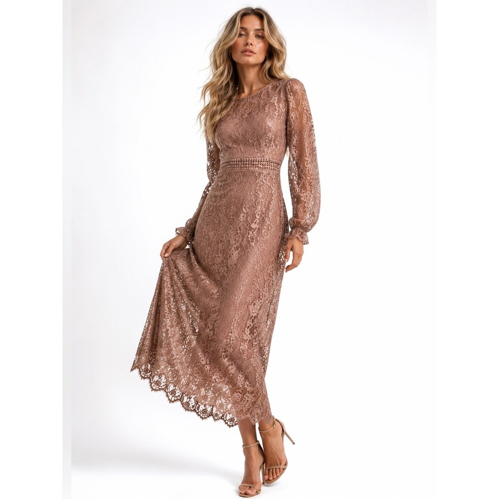 Dusty Rose Lace Maxi Dress Romantic Modest Wedding Guest Soft Glam Elegant Boho